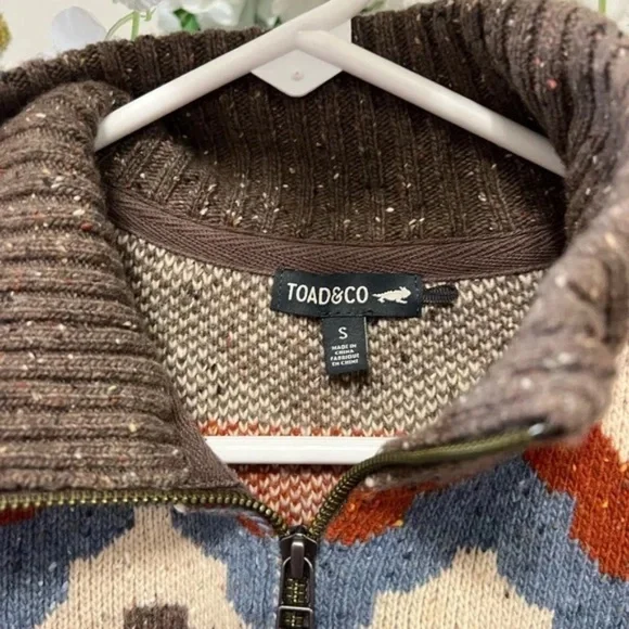 Toad&Co Rust Brown Blue Wilde 1/4 Zip Sweater Lambswool CabinCore Outdoor Size S - Picture 8 of 9